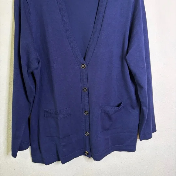 Appleseed's navy blue boyfriend cardigan sweater sz L v neck gold buttons - Picture 3 of 7